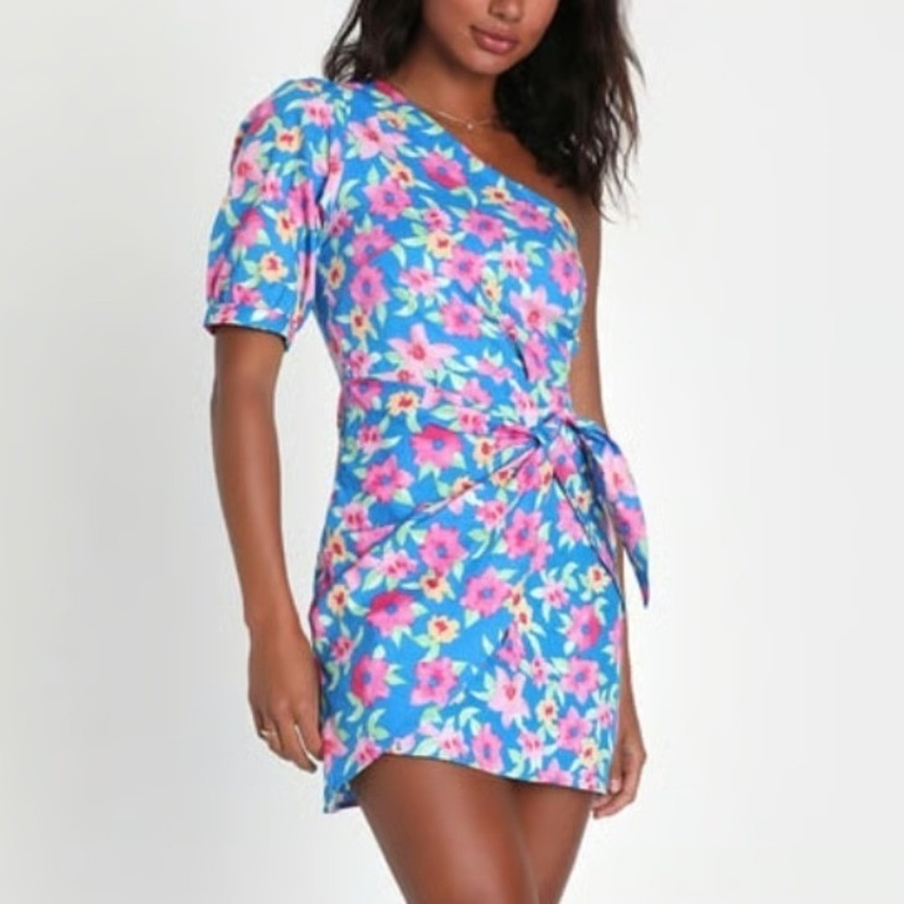 Lulus Thoroughly Sweet Blue Floral One Shoulder Puff Sleeve Mini Dress Medium